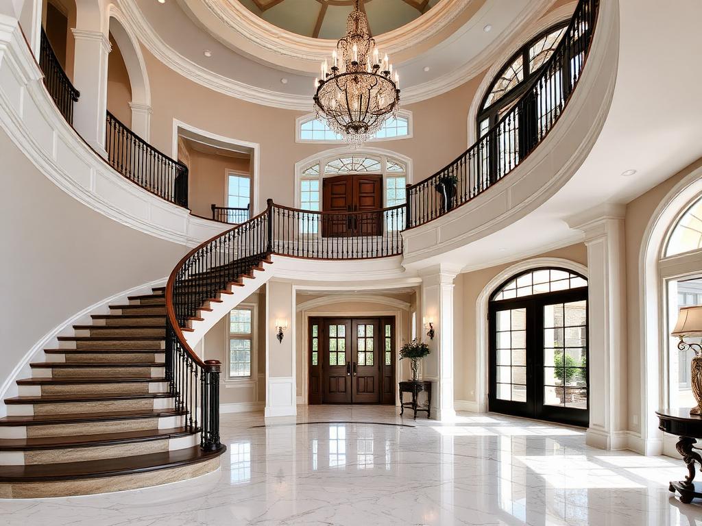 Two-storey foyer with curved staircase, chandelier, and marble floor