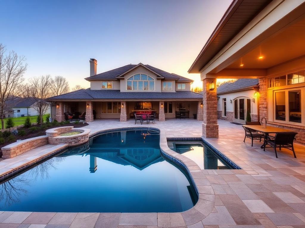 Backyard with covered stone patio, pool, and outdoor kitchen at golden hour