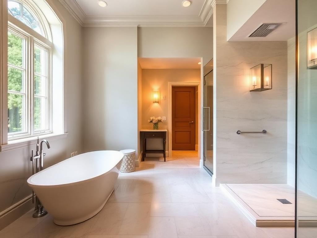 Renovated primary ensuite with freestanding tub and glass shower