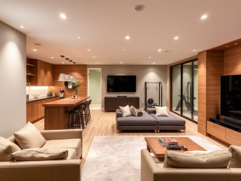 Renovated lower level with wet bar, family room, and glass-walled gym