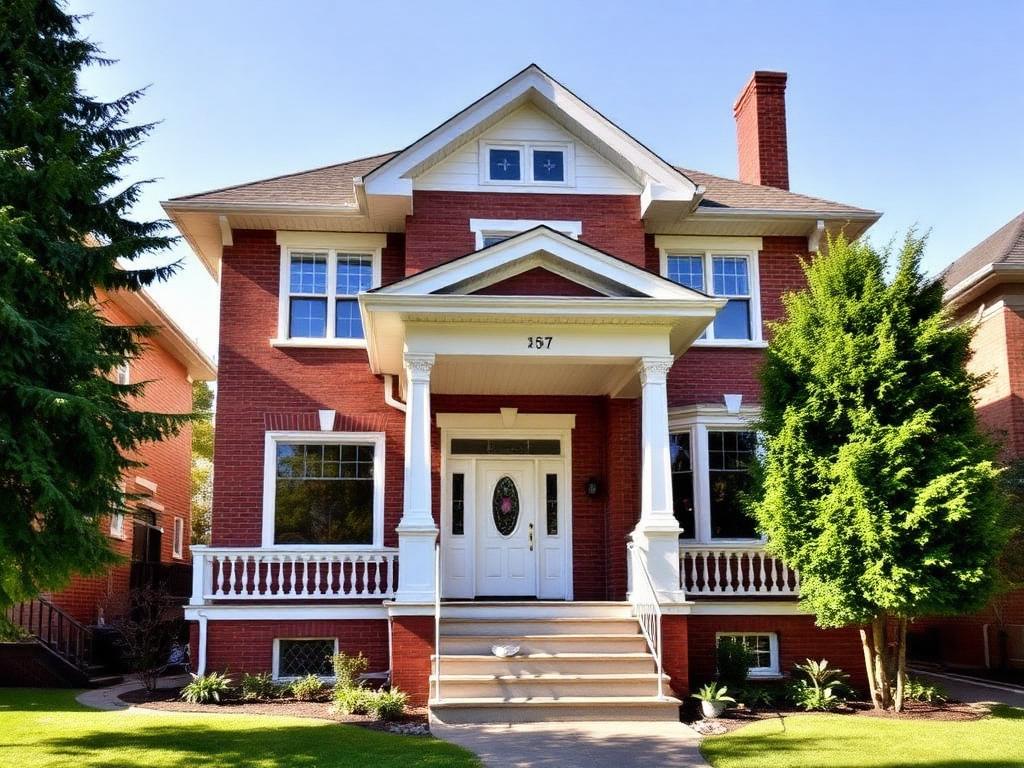 Restored century home with red brick facade and new white front porch