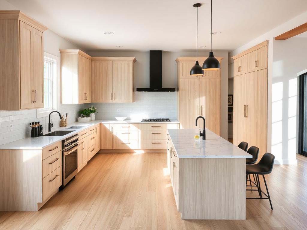 Renovated open kitchen with white oak cabinetry and quartz island