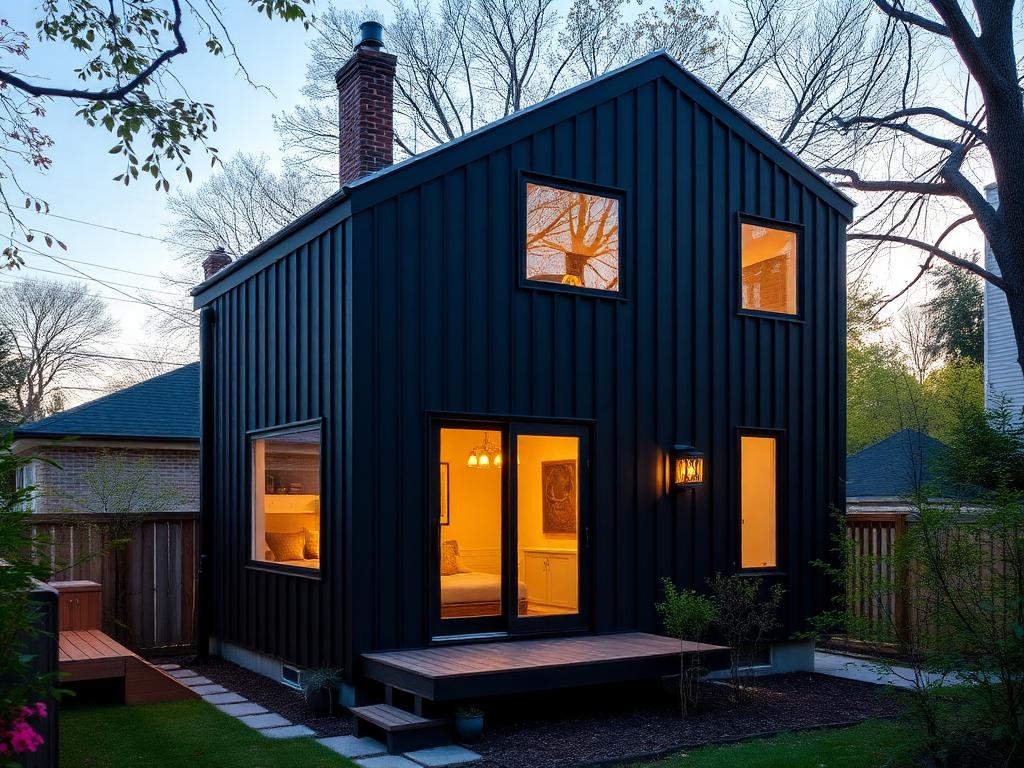 Modern two-storey laneway suite with black vertical siding at dusk