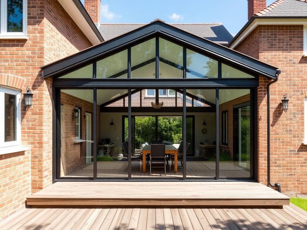 Rear home addition with full-height glass wall opening to a wood deck