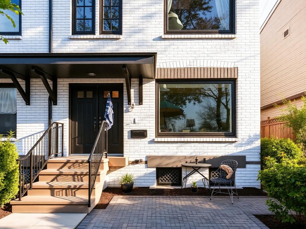 Renovated semi-detached home with white painted brick and dark metal accents